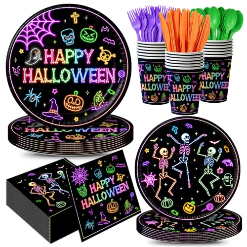 Neon Halloween Party Supplies Set - 168 Pieces for 24 Guests
