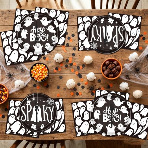 Halloween Ghost Party Decorations - 96 Pcs Black Spooky Tableware Set - Variation of Black Spooky