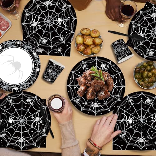 Halloween Party Supplies Set for 20 Guests | Spider Web Plates, Napkins, Cups & Utensils