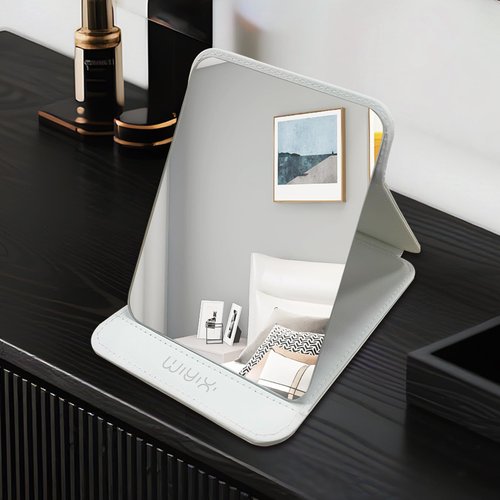 SYHITOU Foldable Travel Makeup Mirror, Adjustable Angle Portable Standing Vanity Mirror, Compact PU Leather Design for Home/Camping/Desktop Use,Elegant White(8.4"x6")