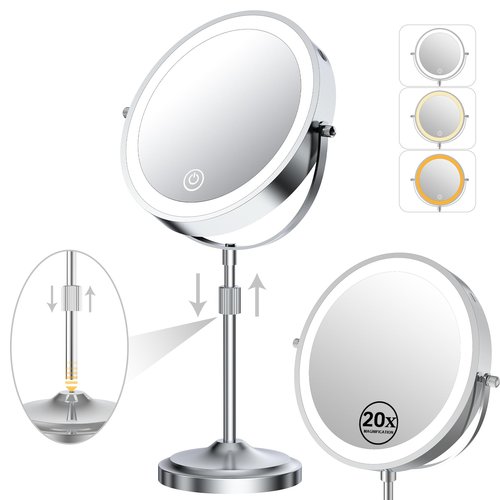 Erlingeryi 9" Magnifying Mirror with Lights 20X, Height Adjustable, Dimmable, Rechargeable, Chrome