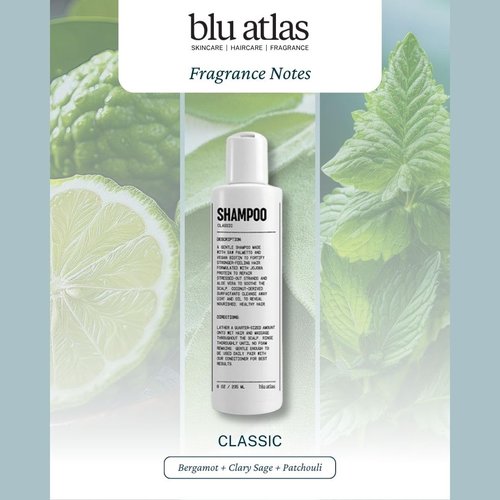 Blu Atlas Men's Natural Shampoo - Organic, Sulfate-Free, Deep Cleansing & Hydrating - Classic Bergamot Sage Patchouli Scent - 8 oz