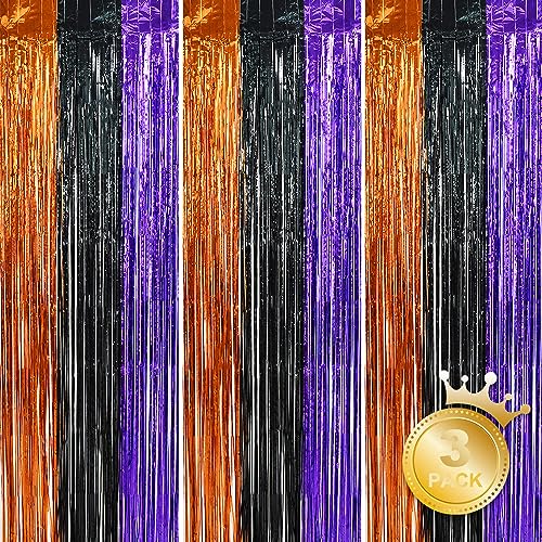Halloween Foil Tinsel Curtain Streamers 3 Pack - Orange Black Purple Party Backdrop