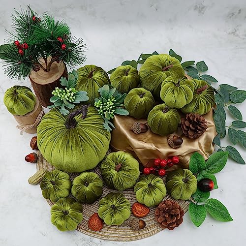 Artificial Velvet Pumpkins Set - 16 Assorted Sizes, Green Variation