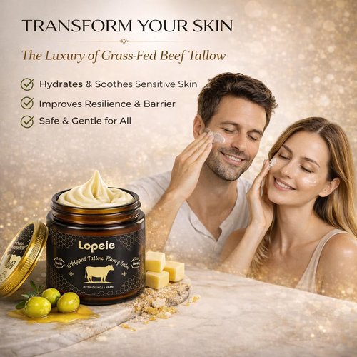 Lopeie Upgraded Organic Beef Tallow for Skin & Face – Whipped Grass-Fed Tallow and Honey Balm for Dry, Sensitive Skin, Natural Hydrating Face Moisturizer with Raw Honey (Unscented)