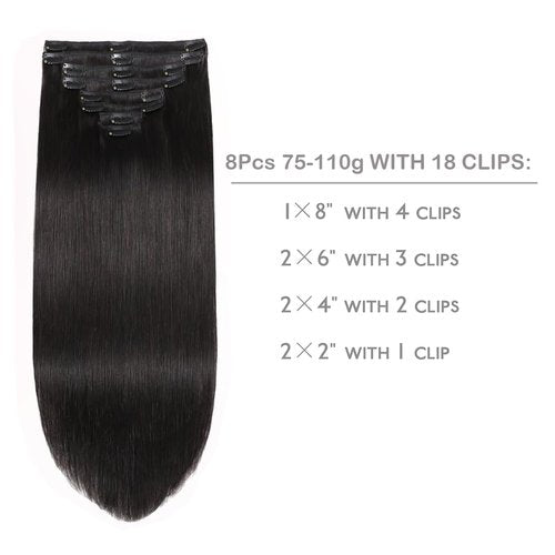 Real Human Hair Clip in Hair Extensions ailiceehr 16inch Clips in Human Hair Extension Striaght 8Pcs Double Weft Thick and Soft Natural Black 90g.
