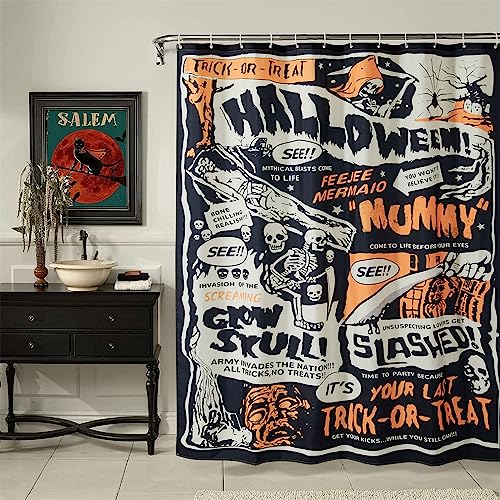 Halloween Shower Curtain Set 72x72 Inches Black and Orange Gothic Spooky Bathroom Decor