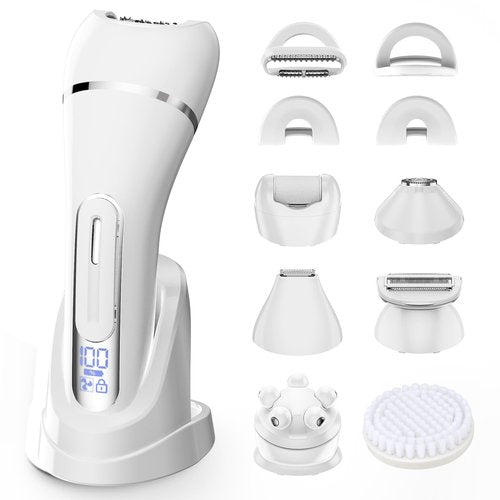Electric Shavers for Women, 7 in 1 Hair Removal Kit with Epilator Bikini Trimmer Face Razor Body Brush Face Massager Foot Callus Remover, IPX7 Waterproof Lady Razors Set for Legs Armpit Bikini Pubic