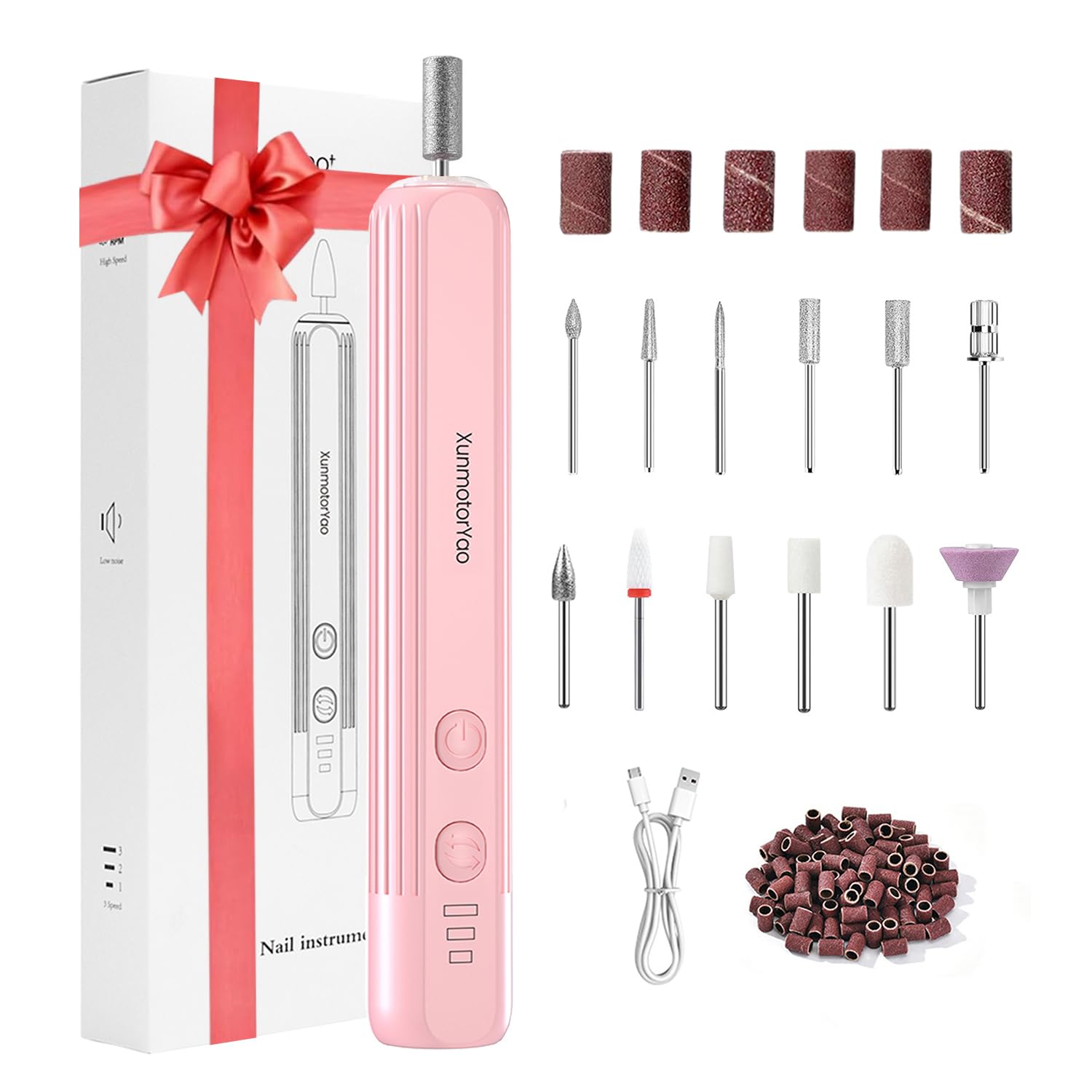 XunmotorYao Electric Nail File Set,Professional 3 Speeds Cordless Electric Nail Drill Kit for Acrylic Gel Nails,12 in 1 Manicure and Pedicure Tools for Home Salon(Pink)