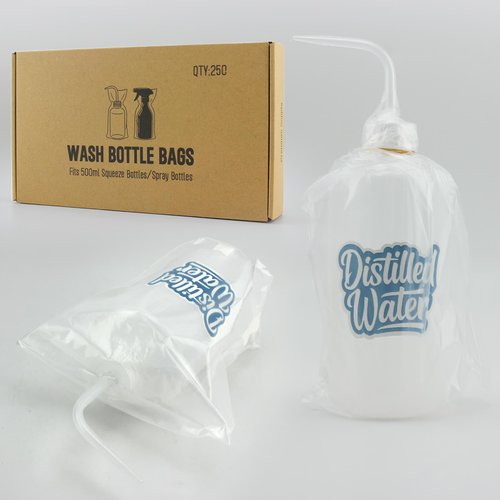 Tattoo Bottle Bags–250PCS Wash Bottle Bags for 17oz/500ml Squeeze & Spray Bottles, with 8 Bottle Stickers, 2 Paper Tapes, 100 Rubber Bands–Professional Tattoo Supplies Accessories Kit (Clear)