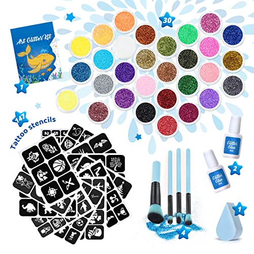 Kids Glitter Tattoo Kit - 30 Colors, 147 Templates, Safe & Easy to Use - Variation of 30 Glitter