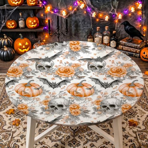 Halloween Fitted Round Tablecloth for 46-50 Inch Tables - Pumpkin Head Design, 52 Inch