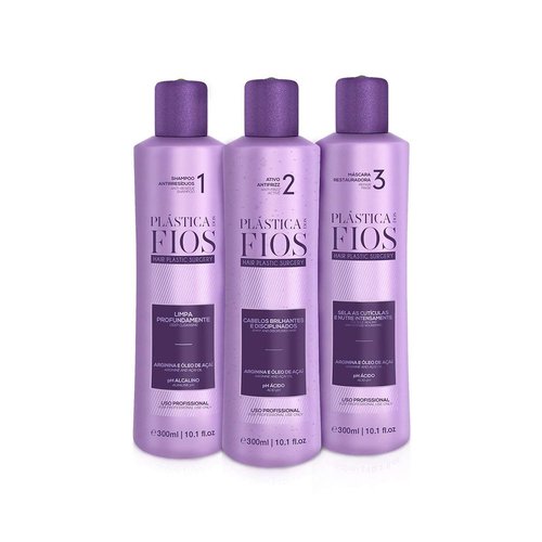 Plastica Dos Fios Brazilian Keratin Hair Smoothing System - Anti-Residue Shampoo & Repair Mask Set (3x300 ML)