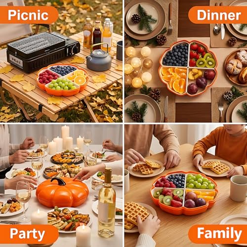 Pumpkin Divided Serving Tray with Lid - Orange Fall Themed Snack Platter, 4 Compartments, BPA-Free Halloween Party Decor