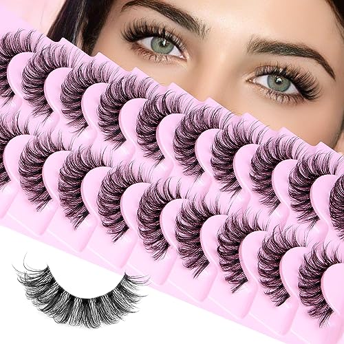 Cat Eye Lashes Fluffy D Curly False Eyelashes 14mm 3D Wispy Strips - 10 Pairs