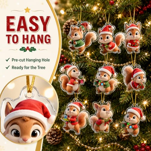 Squirrel Christmas Hanging Ornaments 9pcs Cartoon Acrylic Holiday Decorations - Variation Squirrel-A-1227