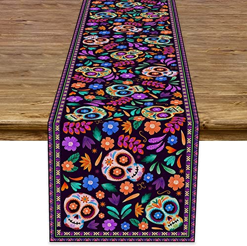 Dia De Los Muertos Table Runner 13x36 Inch Mexican Sugar Skull Day of The Dead Decor - Rustic Linen Style