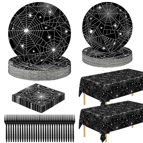 Halloween Paper Spider Web Party Supplies Set - 30 Pieces, Includes Plates, Napkins & Tablecloths - Variation: Halloween