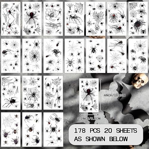 Halloween Spider Web Temporary Tattoos Kit - 178 Piece Face & Arm Stickers for Adults