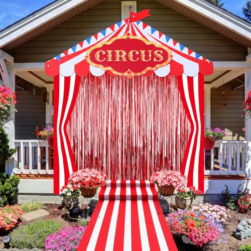 Circus Carnival Party Decorations Set with Red Fringe Curtain and Banners