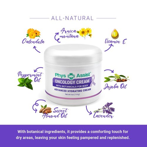 PhysAssist - Oncology Body Cream with Botanicals, 4 oz. Soothing and Hydrating to Stressed Skin. Made with Oils of Lavender, Calendula, and Peppermint. Non-Irritant, Clinically Tested.