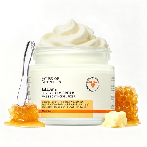 Beef Tallow for Skin, Tallow and Honey Balm, 100% Grass Fed Whipped Moisturizer, Natural Honey & Beeswax Cream, Face and Body Skincare, Deep Hydration for Sensitive Skin, Non-Greasy, 2oz