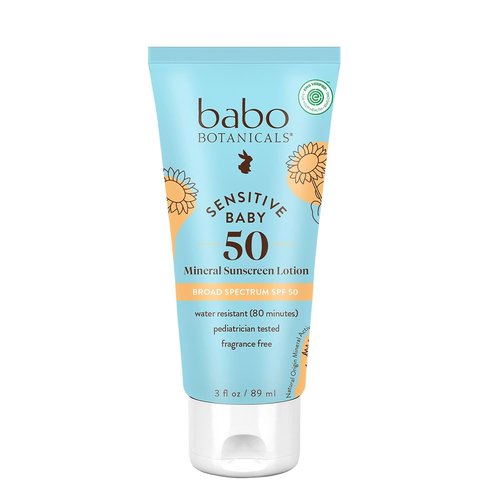 Babo Botanicals Sensitive Baby Mineral Sunscreen Lotion SPF 50 - Fragrance-Free, Water-Resistant | Ideal for Extra Sensitive Skin