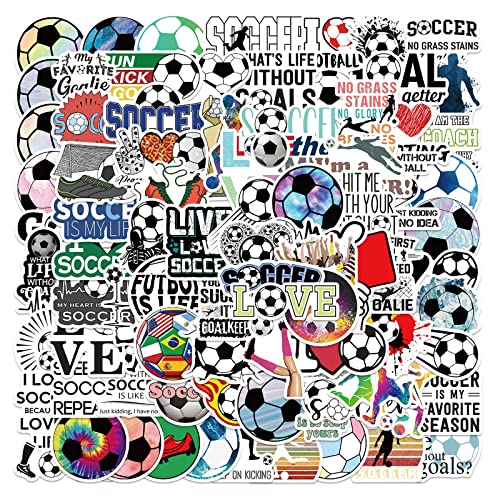 Soccer Stickers for Water Bottles - 100 Waterproof Vinyl Decals for Teens & Adults - Soccer Party Favors & Decorations