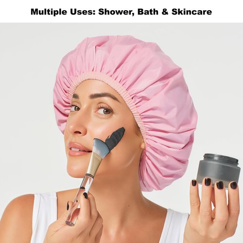 2 Pack Shower Caps for Women, Reusable Waterproof Shower Cap with Elastic Band, Thickened Waterproof Fabric Shower Bonnet for Braids, Long Hair