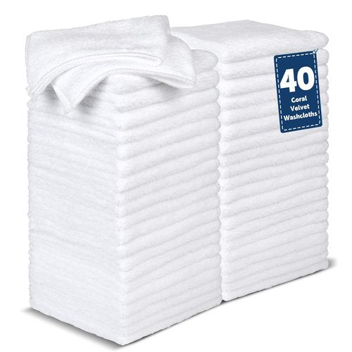 TEAWOO 40 Pack White Coral Velvet Washcloths Bulk, Highly Absorbent and Soft Face Towels, Multi-Purpose Wash Cloths & Hand Towels for Bathroom, Hotel, Spa and Gym, 12 x 12 inches