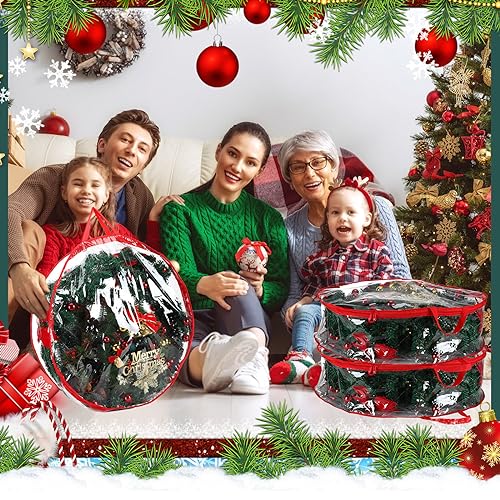 Christmas Wreath Storage Bags - 30 Inch Clear & Red, 6 Pieces with Dual Zippers & Handles