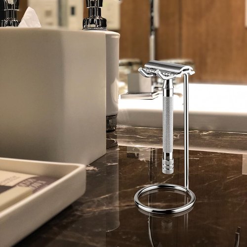 Linkidea Stainless Steel Safety Razor Stand, Polished Chrome Travel Shaving Razor Holder Compatible with Long Handle Safety Razor, Fusion 5 (Silver)