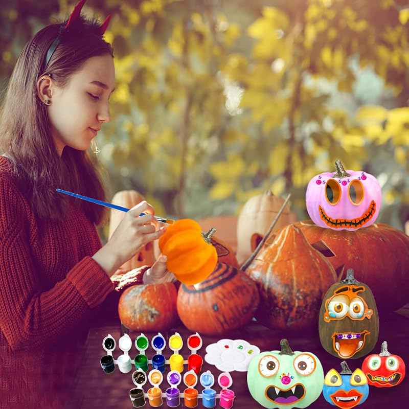 Kids DIY Pumpkin Painting Kit - SML Colorful 13-Piece Halloween Crafts Set