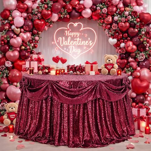 B-COOL 90 Inch Burgundy Round Sequin Tablecloth for Weddings & Parties