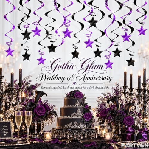 Purple Black Hanging Swirl Decorations - Metallic Foil Streamers, 36 Inch Set