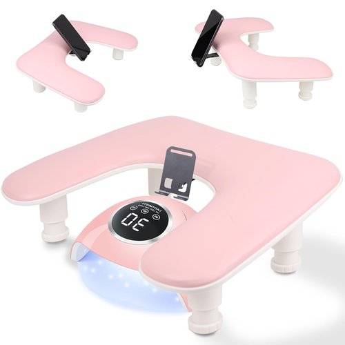 Big Arm Rest for Nails Tech with Rotating Phone Holder: 3nd Generation U-Shaped Manicure Nail Arm Rest Stand Height Adjustable Armrest for Acrylic Nails(Pink)