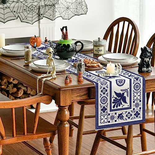 Mexican Floral Bird Table Runner 13x90 Inch Blue Patchwork Tiles Home Decor