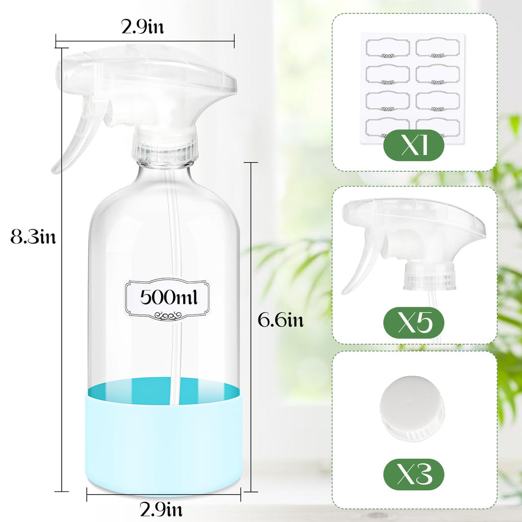 ZENOWICK 3 PACK/16 OZ Glass Spray Bottles with Upgraded Adjustable Spray Nozzle, Refillable Containers with Silicone Sleeve, Spray Bottle for Hair&Cleaning Solutions&Essential Oils-Pink Blue Gray