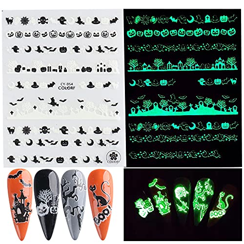 Luminous Halloween Nail Stickers Set - 3D Skull, Ghost, Pumpkin Decals - Self-Adhesive, 6 Sheets