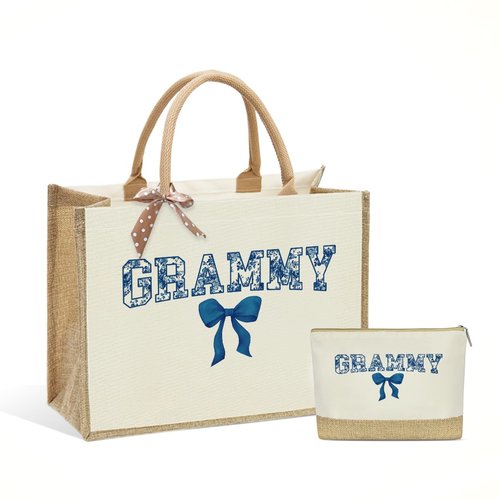Grammy Gifts, Grammy Birthday Gifts, Grammies Tote Bag, Gift for Women Grammies Grandma, Christmas Retirement Gift from Granddaughter Grandson, Reusable Blue Bow Floral Tote Bag and Makeup Bags