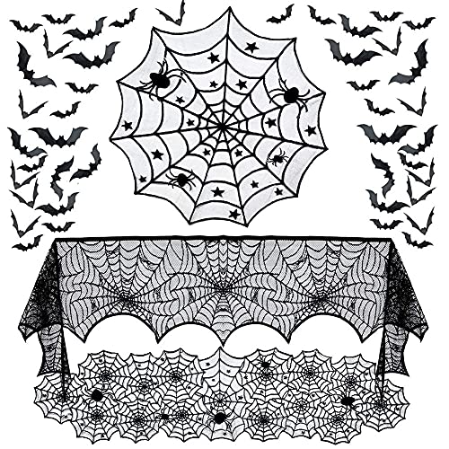 Hommtina 4-Piece Halloween Decorations Set - Tablecloth, Runner, Lace Cover & Bat Stickers