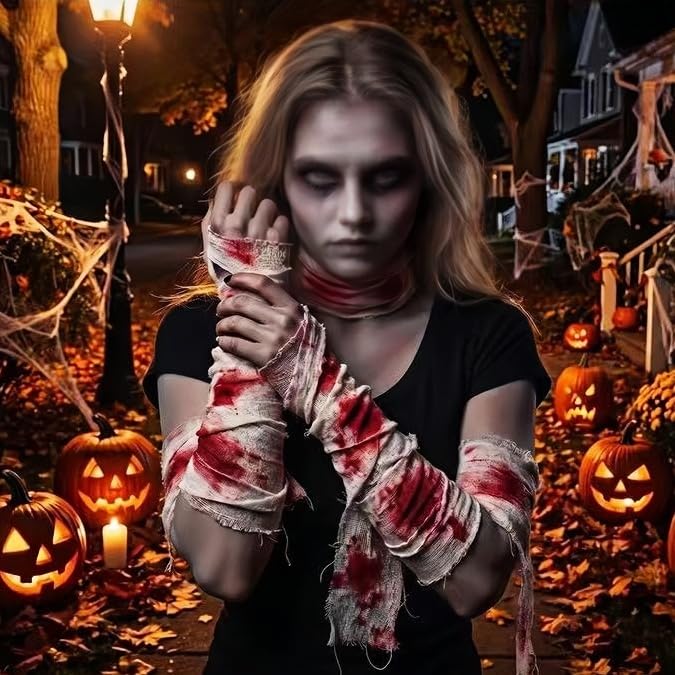 Blood Gauze Bandage Decor Set - Haunted House Halloween Prop, 3 Rolls 32ft