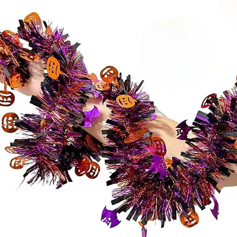 Halloween Tinsel Garland 33FT Pumpkin Bat Metallic Decor for Party & Home