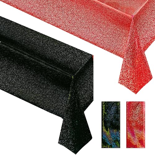 Laser Sparkling Holographic Tablecloth - Waterproof & Easy to Clean - Red & Black, 2 Pack