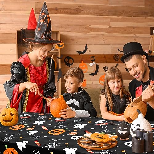 Halloween Plastic Tablecloth 2 Pack - Black with Pumpkin Print, 54 x 108 Inch Disposable Party Decor