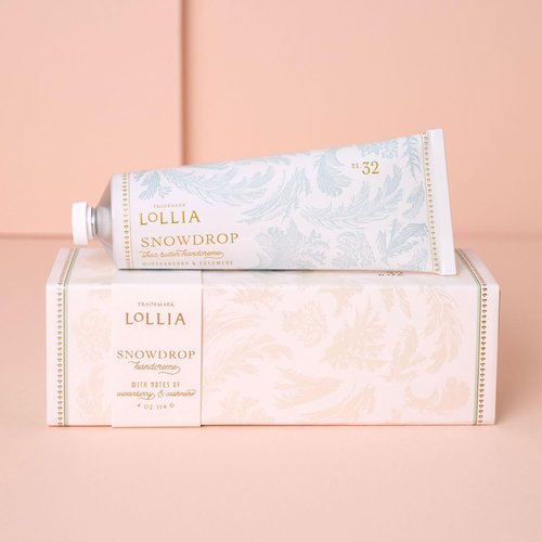 LOLLIA Snowdrop Handcreme, 4 oz, 113 g, Winterberry & Cashmere Fragrance, Luxury Shea Butter & Cocoa Butter Hand Moisturizer, Scented Hand Cream, Lotion for Women