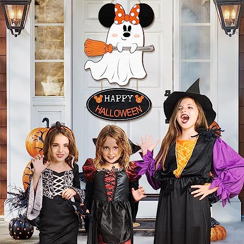 Halloween Ghost Mouse Wooden Hanging Sign for Front Door - Large Spooky Decor