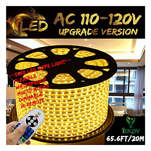 65.6 ft Waterproof Warm White LED Strip Light with Remote - Flexible AC 110-120V Rope Light