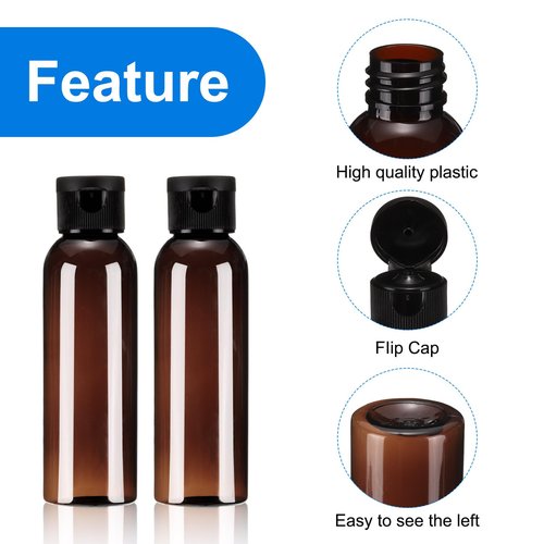 uxcell 2 Oz Plastic Bottles with Flip Caps, 24 Pcs Reusable Travel Size Containers with Lids Plastic Squeeze Refillable Dispensing Bottles for Shampoo, Body Soap, Toner(Brown Black)