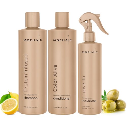 MOEHAIR Trio Pack - Protein Infused Shampoo, Color Alive Conditioner & Leave-in Conditioner | 12 Fl Oz Each - Hydrating for Dry, Damaged Hair